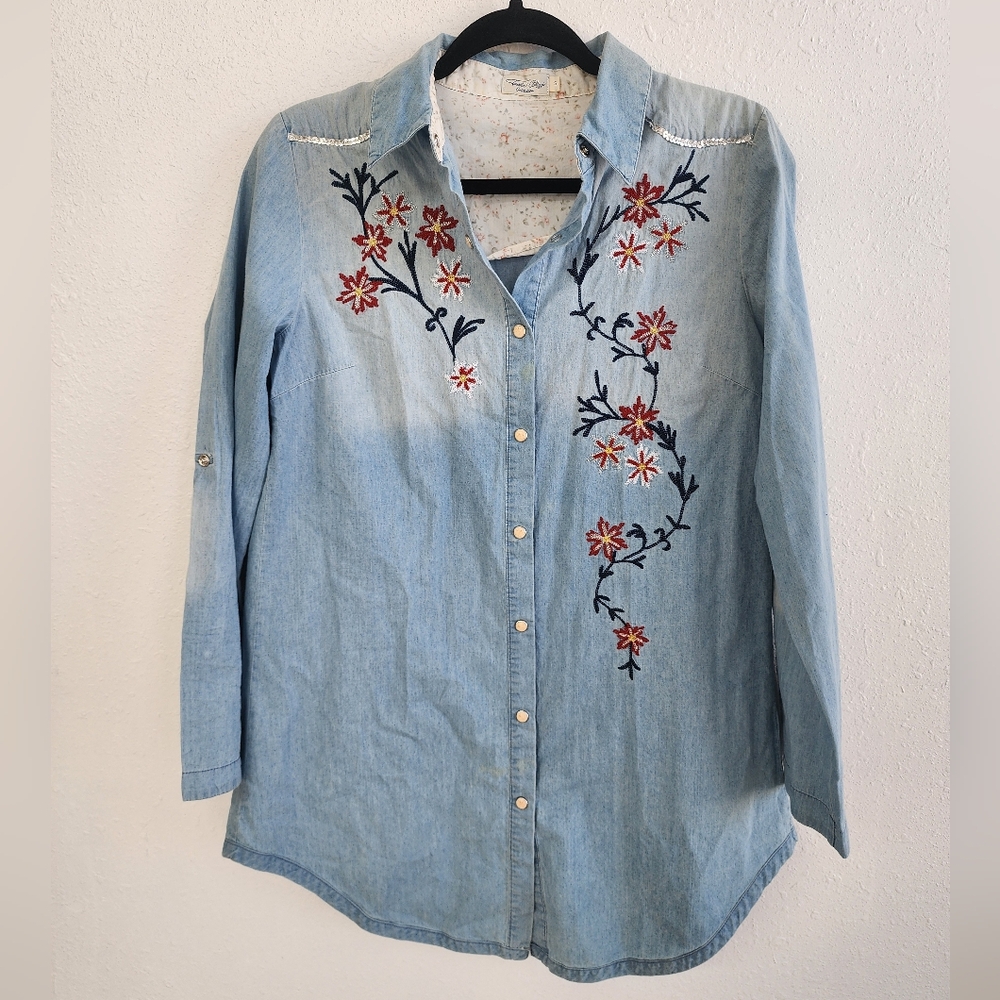 Tasha Polizzi Embroidered Denim Tunic Shirt Western Pearl Snap Small - Picture 5 of 9